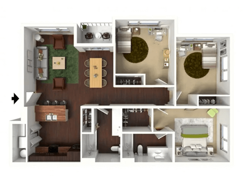 A series of images showing different layouts of a small apartment.